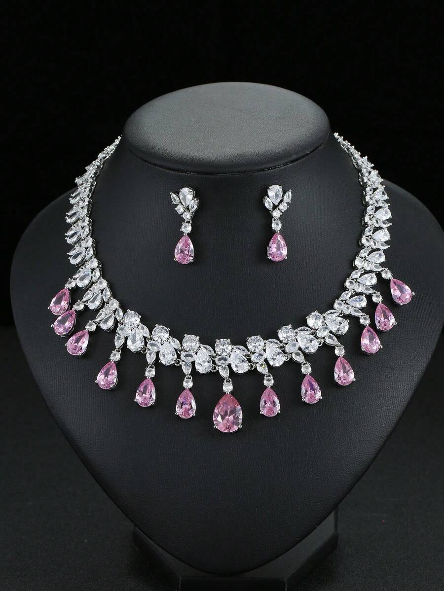 1 套 3 件中东奢华锆石项链和耳环套装，新娘结婚礼服派对订婚精美珠宝，泪珠装饰女士节日配饰礼物 - 水滴 - 查看 1