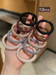 10个/套编织发圈，弹性发绳，不伤发，女士发饰，简约风格，适合各种发型，日常休闲及户外佩戴，季节性配饰套装，发圈，马尾辫发绳，发圈，发绳，发圈，运动发带，头饰