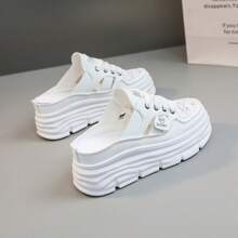 Summer's Popular New Thick-Soled Height-Increasing Casual Shoes For Women, Fashionable Perforated Shoes, Half-Slipper With A Breadhead, Breathable Casual Sports Shoes, Soft-Soled, Anti-Slip Yellow, Versatile, Lightweight And Fashionable For Daily Sports Wear. One Step On The Large-Sized Soft-Soled Casual Shoes, The Flip-Flops Expose The Heel, Fashionable And Multi-Functional