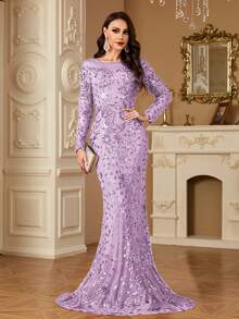 hezixi Stretchy Sequin Dress, Comfortable Fit For Different Body Types, Sheer Round Neck Long Sleeve Bodycon Mermaid Hem Formal Gown - 紫丁香色 - 查看 2