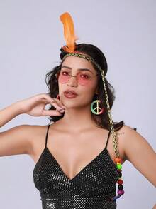 3pcs Style Colorful Feather Headbands, Boho Fashion Peace Sign Earrings, Colorful Feather Headbands - Multicolor - View 5