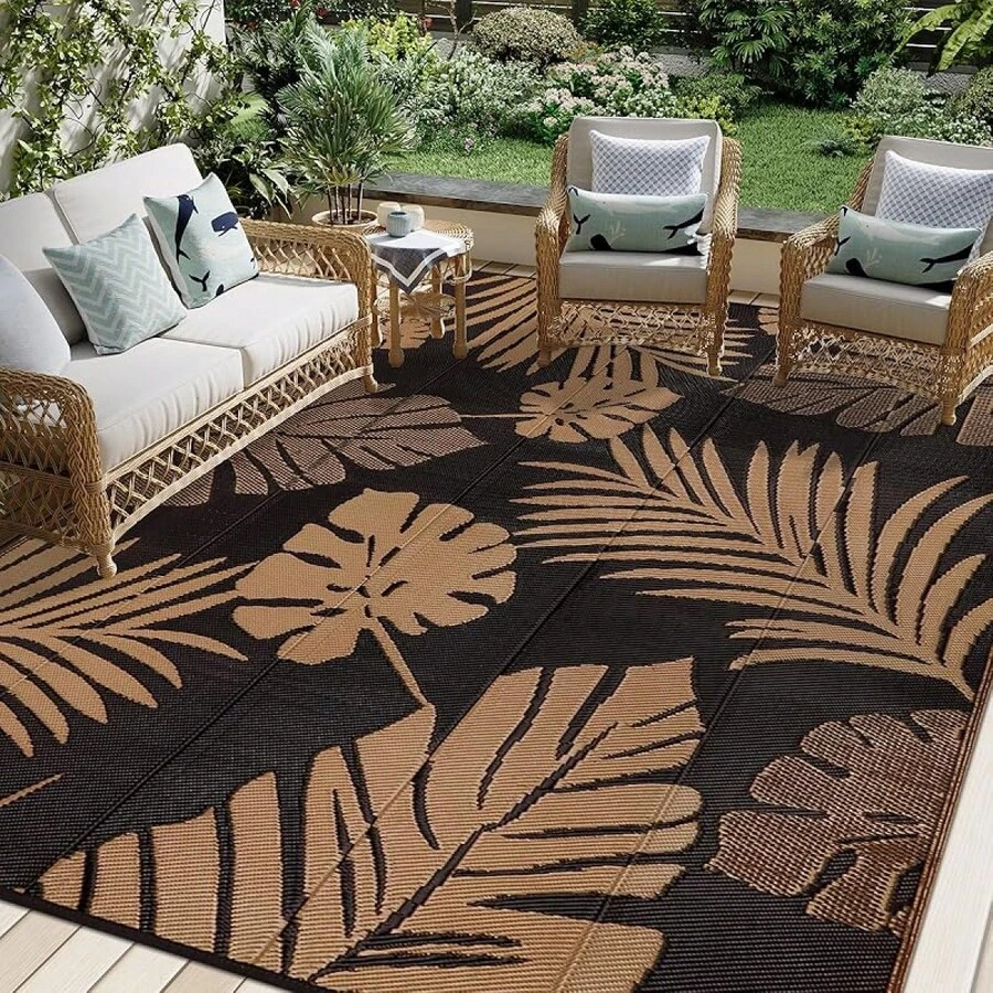 Outdoor Rug 245x305cm Extra Large Garden Rug Waterproof Plastic Straw Garden Mat Carpet UV Resistant Reversible Camping Rugs Balcony Deck Backyard Porch Beach BBQ - Black - View 1