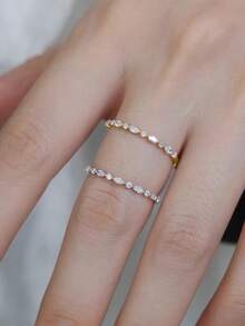 1pc 925 Sterling Silver 1.5-2mm Round Cut Wedding Band Ring, Half Eternity Ring, Half Pave Diamond Embedded, Stackable - Gold - View 4