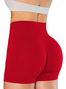 High Waist Seamless Knitted Peach Hip Tights, Slim Fit Workout Running Shorts, Tummy Control Sports Yoga Pants - Red - View 4