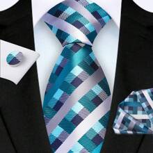 3-Piece Set: 8cm Necktie, Pocket Square & Cufflinks, Plaid Striped Geometric Pattern, High-Quality Classic & Fashion Business/Casual Necktie Set, Men's Wedding/Holiday/Party Gift