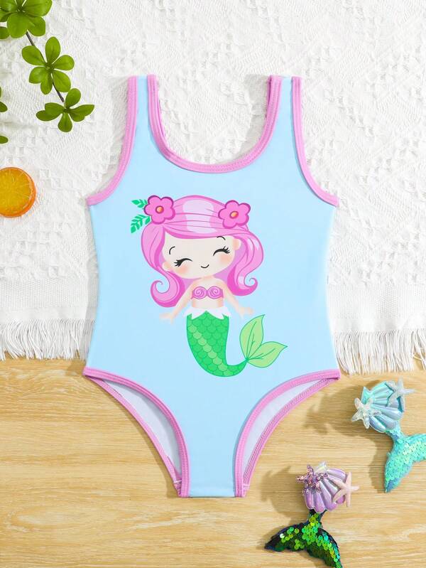 1pc Girl's Cartoon Mermaid Printed Color Block One-Piece Swimsuit
