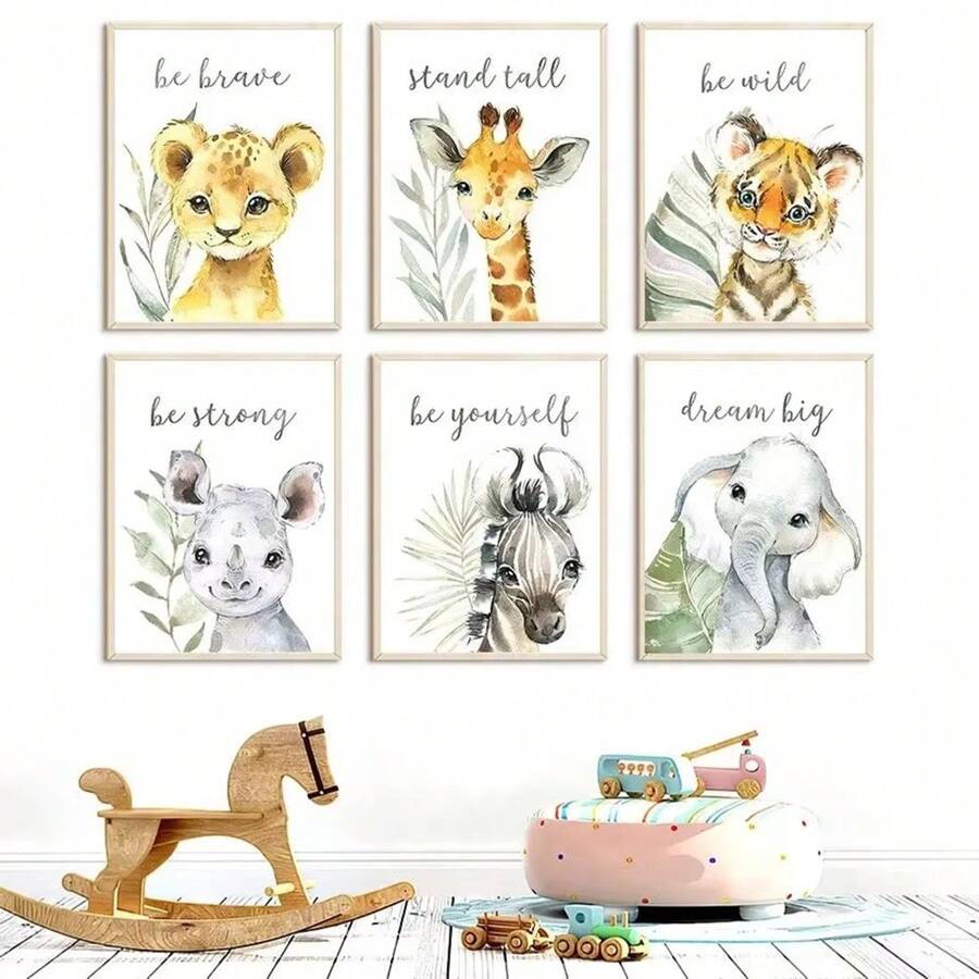 1 pieza de arte de pared póster con opción de marco, arte en lienzo de animales como elefante, jirafa, león, cebra, tigre, estilo nórdico para decoración de habitación infantil