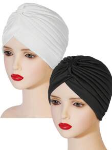 2 Peças Gorros Turbante de Cor Sólida - Toucas de Cabeça Pregueadas, Gorros Quimioterapia com Elástico Criscruzado na Testa, Lenços de Cabeça Femininos para Uso Casual