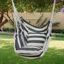 1pc Deluxe Striped Canvas Hammock Chair With Pocket & Head Pillow - Foldable Durable Knitted Sling Swing For Indoor/Outdoor Use Soft Brushed Fabric Solid Back Support Includes Side Pocket - Hand Wash/Dry Clean Perfect For Patio Bedroom Living Room Hammock Swing Chair Patio Relaxation Vibrant Outdoor Decor Cozy Relaxation Gear Summer Outdoor Lounge Chair