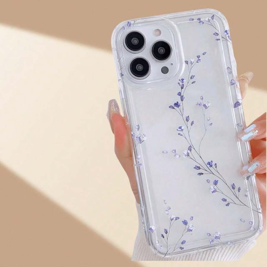 Stylish Blue-Purple Branch Flower Pattern Transparent Mobile Phone Case, Transparent Shockproof Protective Shell Suitable For IPhone16 15 14 13 12 11 Pro Max 7 8 Plus X XS XR XSMax Series - Trong sáng - Xem 1