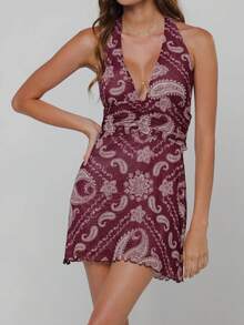 Womens Boho Floral Print Halter Neck Bodycon Dress Summer V Neck Sleeveless Backless Ruched Party Mini Dress Beach Vacation Sundress - 鏽棕色 - 查看 1