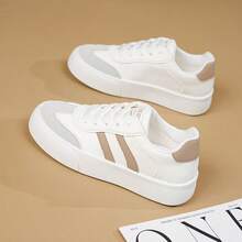 女士户外运动休闲鞋，当季小白鞋，女士新款校鞋，软底工作鞋，百搭滑板鞋，平底鞋 - 白卡其色 - 查看 13