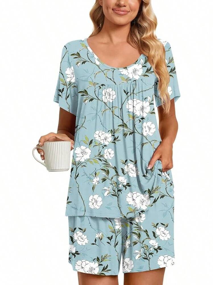 2 Piece Women's Short Sleeve Pajama Sets, Lounge Sleepwear Ladies PJs Sets With Pockets - 02 Begonia Flower - View 1