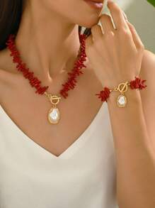 2pcs Fashion Red Coral Baroque Faux Pearl Necklace & Bracelet Set, Women Summer Beach Party Jewelry Accessories