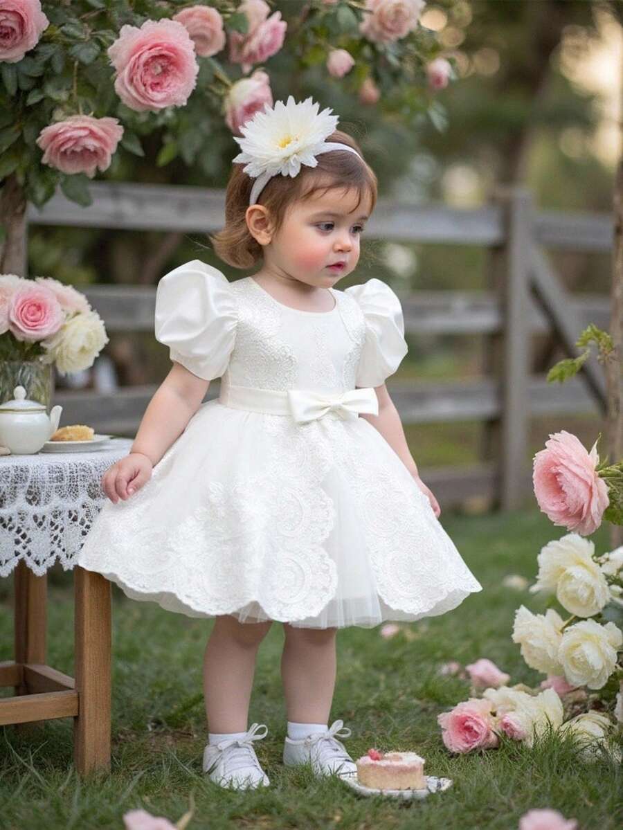 Baby Girls 0-2 Years Old Lace Puff Sleeve Mini Dress, White Christening Gown Suitable For Parties - White - View 1