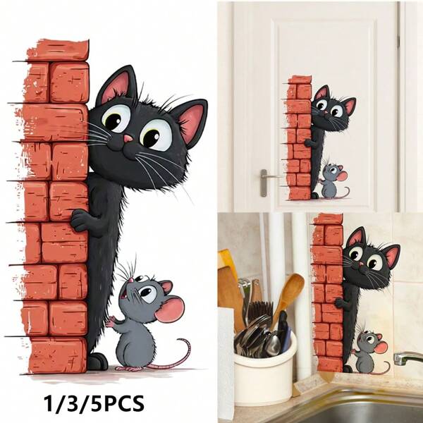 1 pieza Calcomanía de pared con gato negro y ratón gris pintados a mano de forma clásica, pegatina de animales lindos para dormitorio, sala de estar, porche, escalera - Material de plástico, pegatinas para escaleras | Arte de pared caprichoso | Pegatina de pared de plástico, decoración de gato