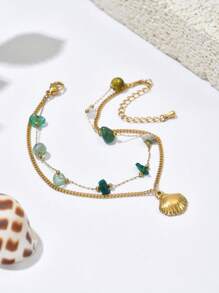 1 18k Gold-Plated Women's Stainless Steel Ankle Chain With Shell Accessories Featuring Ocean Elements A Women's Gold-Plated Ankle Chain Designed With A Combination Of Long And Short Beach Vacation Style