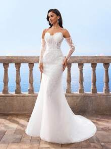Elasola HEARBOBO Romantic Elegant Noble & Cute White Lace Appliques Mermaid Wedding Dress With Train,Suitable For Beach,Lawn Wedding Party Elegant - White - View 9