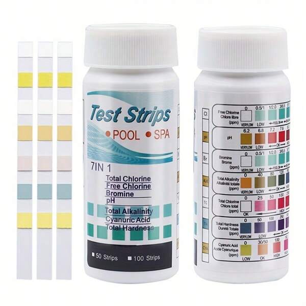Schwimmbad und Spa Teststreifen, 7-in-1 Wasserqualität Teststreifen, 50/100 Wasserchemie-Tests, zur genauen Überprüfung von Brom, Gesamtalkalität, pH, freiem Chlor, Gesamthärte, Triazol und Gesamtchlor, geeignet für Trinkwasser im Haushalt, Whirlpools, Schwimmbäder, Spas und Brunnenwasser, einfach zu verwendende Wasserqualitätsteststreifen, geeignet für die Reinigung von Gartenschwimmbädern