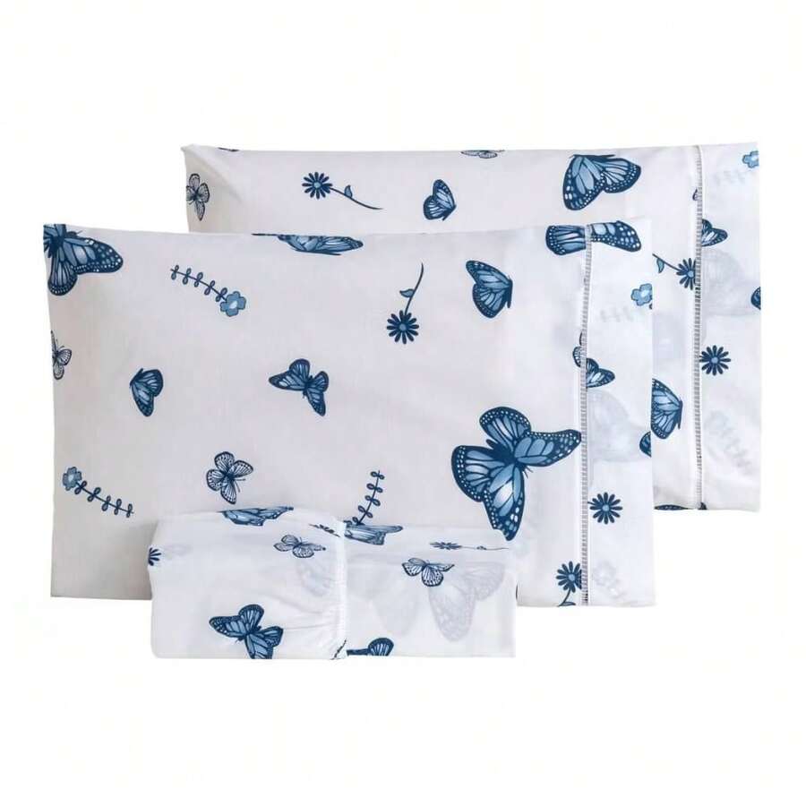 Single Sheet Set With 2 Pieces Printed Cotton Fabric With Elastic All Around And Pillowcase In Matchstick Stitch - Baby Blue - View 1