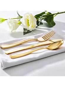 150pcs Gold Plastic Cutlery Set, 50pcs Spoons, 50pcs Forks, 50pcs Knives, Reusable And Washable, Suitable For Parties, Holidays, Birthdays, Weddings, Outdoor Events, Home Gatherings, Cakes, Salads, Etc. - Gold - View 4