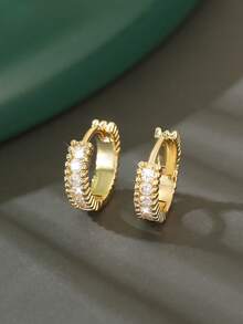 1 Pair Elegant Geometric Round Copper Micro-Inlaid Zirconia Hoop Earrings, Minimalist & Versatile, Gift For Her