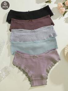 5pcs/Set Women Lace Patchwork Comfortable Breathable Bow Decor Panties Set, Soft Stretchy Casual Underwear - Multicolor - View 4