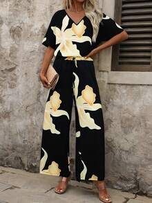 Conjunto Casual De 2 Piezas Con Estampado Floral,Camisa De Manga Corta Con Cuello En v y Pantalones Anchos, Ropa Casual Minimalista De Uso Diario Para Mujer - Negro - Ver 4