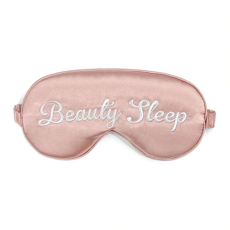 1pc Lotus Pink "Beauty Sleep" Embroidered Logo Soft Polyester Eyeshade, Napping & Sleeping Aid - Dusty Pink - View 1