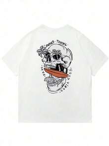 Plus Size Men's Casual Letter & Skull Print Round Neck Short Sleeve T-Shirt, Summer - White - View 4