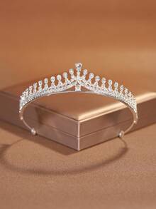 1件经典合金婚礼皇冠头饰，女士适用，适合婚礼、生日派对装饰（不含摄影道具盒）情人节配饰 - 彩色 - 查看 5