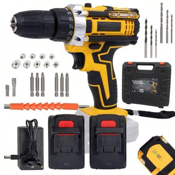Taladro atornillador inalámbrico de 21 V + juego de 2 baterías Destornillador Herramienta eléctrica Kit de martillo TALADRO ATORNILLADOR INALÁMBRICO