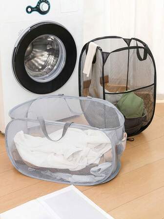 1pc Oversized Foldable Pop-Up Mesh Laundry Basket With Handle - Breathable Fabric Dirty Clothes Storage Bin, Practical Household Organization Solution