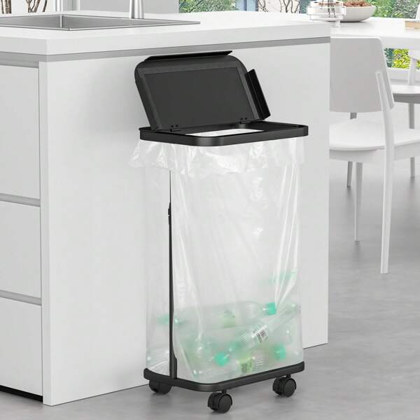 Garbage Bag Holder, Side-Opening Trash Can, 45L, Height Adjustable, Fits 20L To 90L Bags, Sorting Trash Can, Slim, With Casters, Garbage Bag Stand, Plastic Bag Holder, With Lid, Stylish, Simple, Wide Opening, Prevents Odor Leakage, For Kitchen, Office, Living Room, Washroom, Toilet, Dust Bag Holder, Plastic Bag Stand, White Back To School