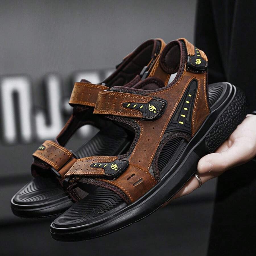 Men's Leather Sandals Hiking Outdoor Water Beach Sports Mens Sandals For Summer With Open Toe Adjustable Straps - 深棕色 - 查看 1