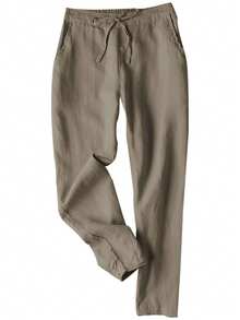 Lanwont Women's Linen Trousers Summer Casual High Waist Drawstring White Beach Pants - Tan - Xem 1