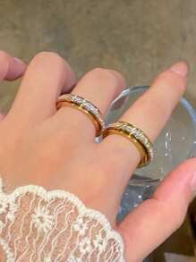 1pc 18K Gold Plated Stainless Steel Rotatable Star & Crystal Ring, Suitable For Women Daily Wear, Gift