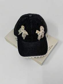 1顶蓝色软顶蕾丝边牛仔宽檐棒球帽，可爱女孩小脸型修饰脸型，超大帽檐百搭帽，新款可爱复古水洗户外加长帽檐帽，夏季沙滩 - 彩色 - 查看 17