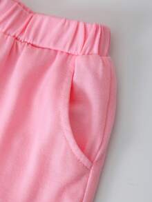 Conjunto de 2 piezas de blusa de manga corta con flores de ganchillo rosa y shorts para niñas de 1 a 4 años, para verano - Rosa - Ver 7