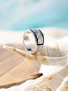 1pc Elegant Hawaii Style Bronze Material Oil-Dripping Silver Ring, 3D Lily Flower Vine Carving, Suitable For Women To Wear On Vacation