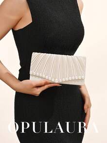 OpulAura 女士简约时尚褶皱设计迷你翻盖手拿包，奢华缎面晚宴包，优雅迷人的晚礼服配饰手拿包，适合婚礼/正式派对/庆典/返校活动，可作为生日/节日礼物，随机珍珠装饰 - 杏色 - 查看 8