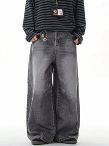 1pc Vintage Distressed Washed Loose Fit Wide Leg Boyfriend Jeans, Casual & Versatile Unisex Style (With Frayed Hem)