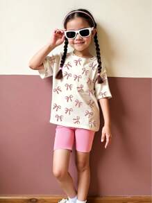 2pcs/Set Girls Summer New Outfit, Includes Beige Round Neck Butterfly Print Short Sleeve T-Shirt + Pink Shorts, Fitted & Comfortable Soft Breathable Girls Casual Outdoor Everyday Wear