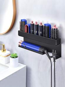 壁挂式吹风机支架，用于收纳美发配件、吹风机和卷发棒，无需钻孔即可安装，可用作吹风机支架、美发工具收纳盒、浴室美发工具整理架。 - 彩色 - 查看 9