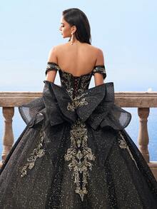 Vestidos de bola estilo Bridgerton con hombros descubiertos y malla negra para mujeres, vestido de novia de línea A de manga abullonada extra grande para la novia - Negro - Ver 6