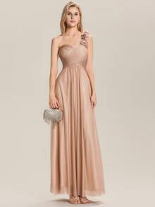EVERPRETTY 花朵露肩带伴娘礼服，露背设计，优雅礼服，婚礼宾客礼服 - 玫瑰金 - 查看 7