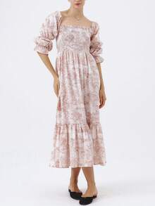 Women's Floral Maxi Dress Y2k Off Shoulder Puff Sleeve High Waist Long Dresses Summer Casual Sundress - 粉色 - 查看 1