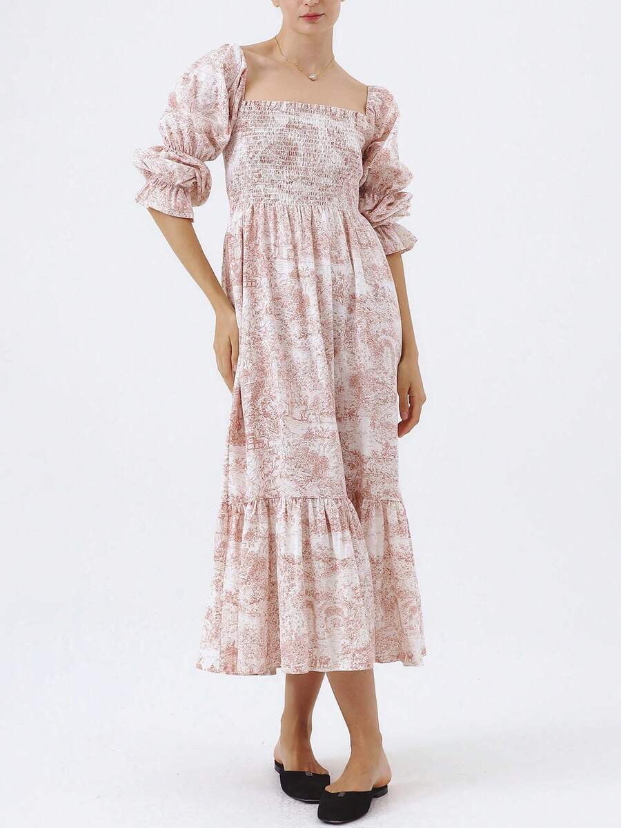 Women's Floral Maxi Dress Y2k Off Shoulder Puff Sleeve High Waist Long Dresses Summer Casual Sundress - 粉色 - 查看 1