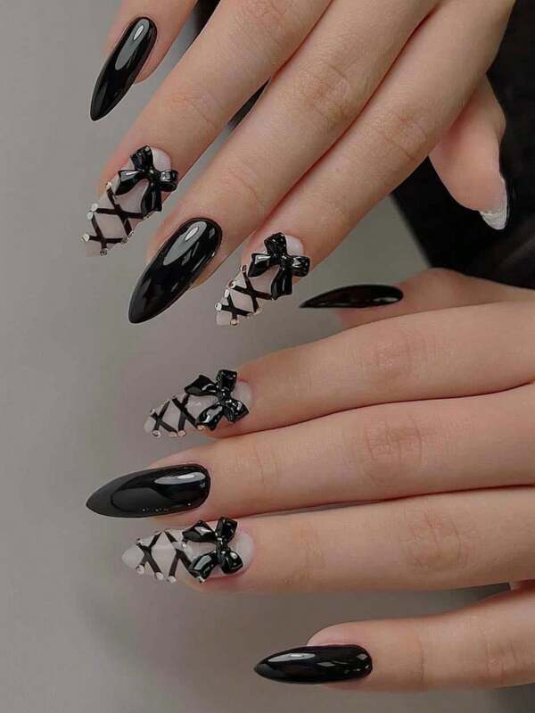 24 piezas de uñas postizas de estilo ballet con diamantes de imitación, color negro almendra, con moño 3D