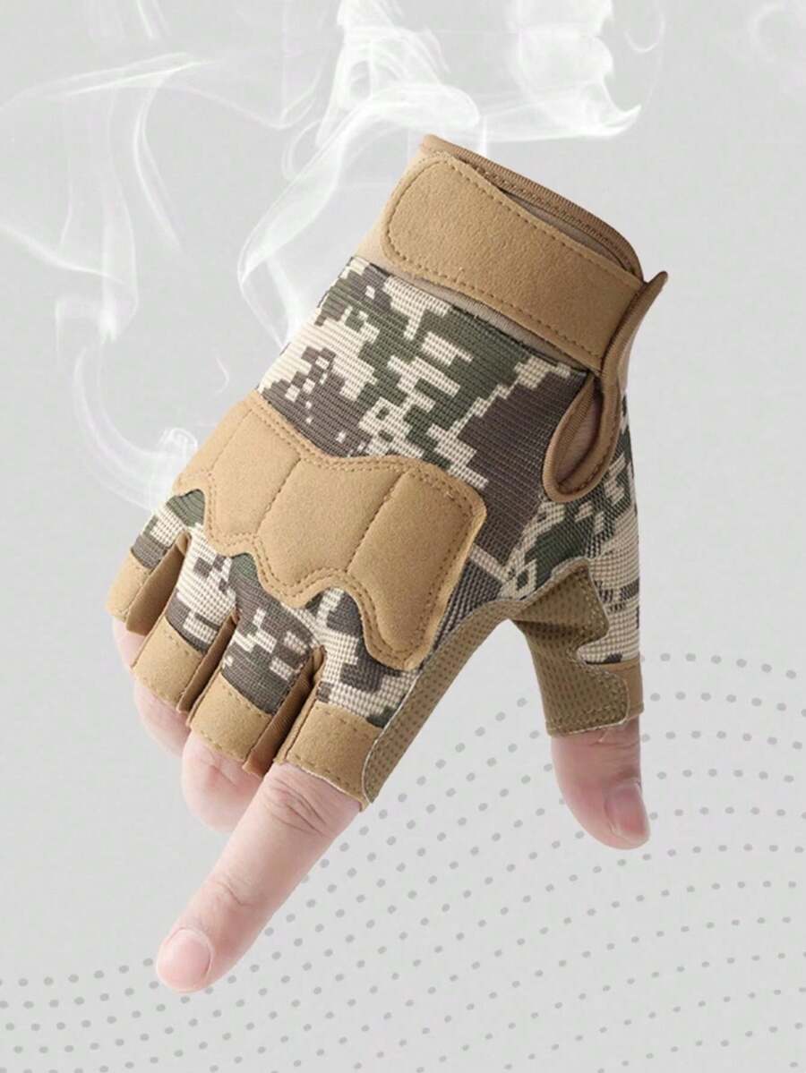 1 Pair Men's Half Finger Gloves, Outdoor Sports Tactical Gloves, Motorcycle Cycling - Khaki Camouflage - View 1